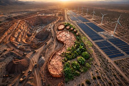 huella gigante de pie humano, al lado de paneles solares y una mina a cielo abierto, con el atardecer en la montaña a lo lejos.
