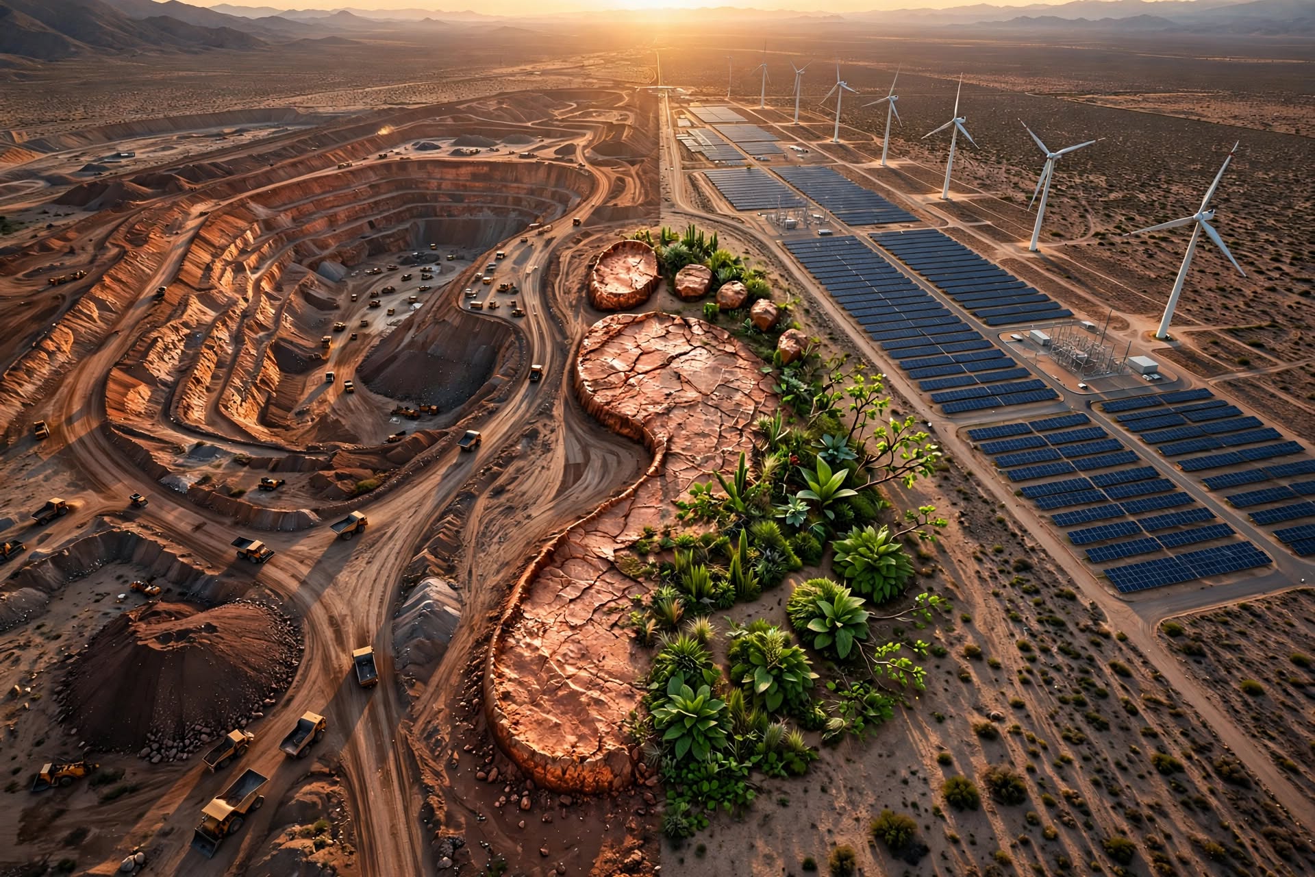 huella gigante de pie humano, al lado de paneles solares y una mina a cielo abierto, con el atardecer en la montaña a lo lejos.
